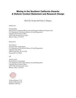 Mining in the Southern California Deserts: a Historic Context Statement and Research Design