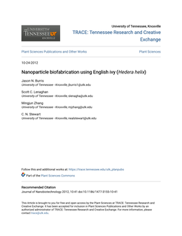 Nanoparticle Biofabrication Using English Ivy (Hedera Helix)