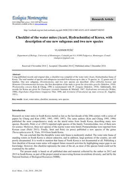 Checklist of the Water Mites (Acari, Hydrachnidia) of Korea, with Description of One New Subgenus and Two New Species