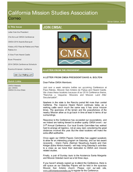 California Mission Studies Association Correo Winter Edition, 2014