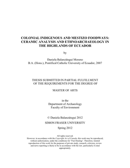 Colonial Indigenous and Mestizo Foodways: Ceramic Analysis and Ethnoarchaeology in the Highlands of Ecuador