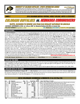 BUFFS, HUSKERS to RENEW 120-YEAR OLD RIVALRY SATURDAY in LINCOLN SATURDAY, SEPTEMBER 8, 2018 1:36 P.M