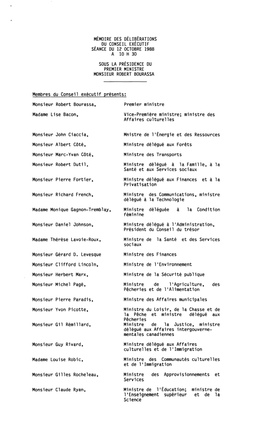 Mémoire Des Délibérations Du Conseil Exécutif Séance Du 12 Octobre 1988 a 10 H 30 Sous La Présidence Du Premier Ministre Monsieur Robert Bourassa