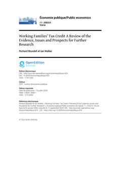 Working Families' Tax Credit a Review of the Evidence, Issues And