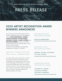 2020 Artist Recognition Award Winners Announced