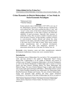 Crime Dynamics in District Bahawalpur: a Case Study in Socio-Economic Paradigms 63