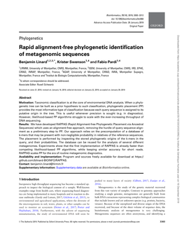 Rapid Alignment-Free Phylogenetic Identification of Metagenomic Sequences Benjamin Linard1,2,3,*, Krister Swenson1,4 and Fabio Pardi1,4