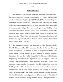 Ministry of Drinking Water and Sanitation ***** PRESS RELEASE the National Rural Drinking Water and Sanitation Awareness Week Ha