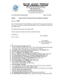 Agenda of the 13Th Meeting of Grid Coordination Committee. Dear Sir