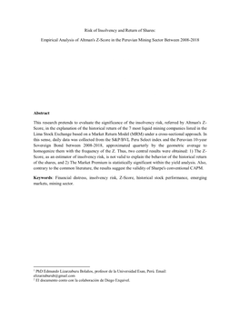 Risk of Insolvency and Return of Shares: Empirical Analysis of Altman's Z-Score in the Peruvian Mining Sector Between 2008-2018