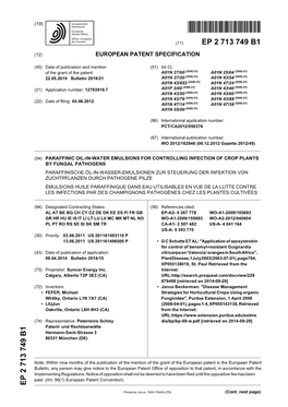 Paraffinic Oil-In-Water Emulsions for Controlling Infection of Crop Plants by Fungal Pathogens