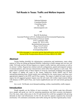 Toll Roads in Texas: Traffic and Welfare Impacts Abstract Introduction