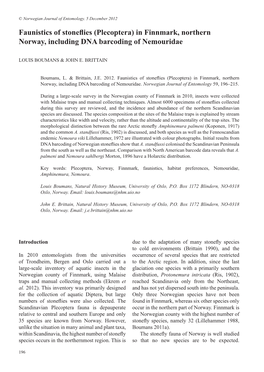 Faunistics of Stoneflies (Plecoptera) in Finnmark, Northern Norway, Including DNA Barcoding of Nemouridae