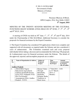 F. NO. 9- 01/2014-S&F Government of India Ministry of Culture