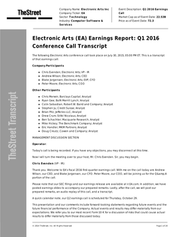 Electronic Arts (EA) Earnings Report: Q1 2016 Conference Call Transcript