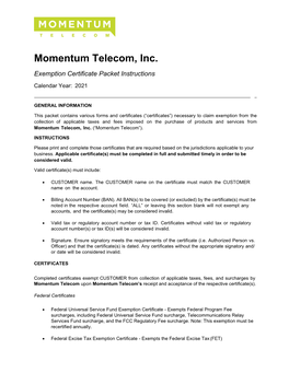 Momentum Telecom, Inc. Exemption Certificate Packet Instructions