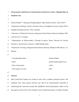 Strong Genetic Subdivision in Leptobrachium Hendricksoni (Anura: Megophryidae) In