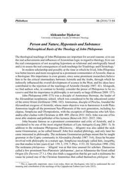 Person and Nature, Hypostasis and Substance Philosophical Basis of the Theology of John Philoponus