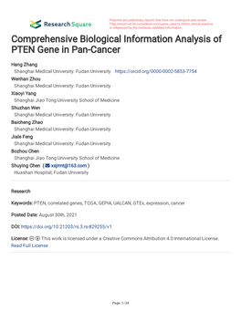 Comprehensive Biological Information Analysis of PTEN Gene in Pan-Cancer
