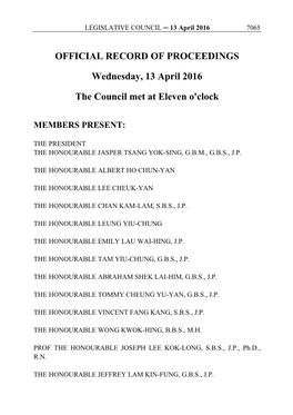 OFFICIAL RECORD of PROCEEDINGS Wednesday, 13