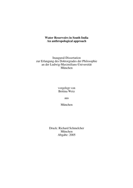 Water Reservoirs in South India. an Anthropological Approach