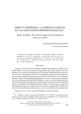Debut Y Despedida. La Derecha Chilena En Las Elecciones Presidenciales 20131