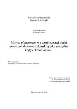 Motyw Plaasroman We Współczesnej Białej Prozie Południowoafrykańskiej Jako Narzędzie Krytyki Kolonializmu