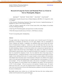 Research of Longevity Factors and Mountain Water As a Factor in Teteven Municipality, Bulgaria