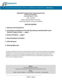 Statewide Transportation Improvement Fund Advisory Committee Thursday, March 7, 2019 5:30 – 7:30 PM Senator Hearing Room, Firs