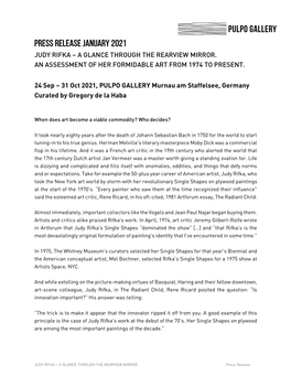 Press Release January 2021 JUDY RIFKA – a GLANCE THROUGH the REARVIEW MIRROR