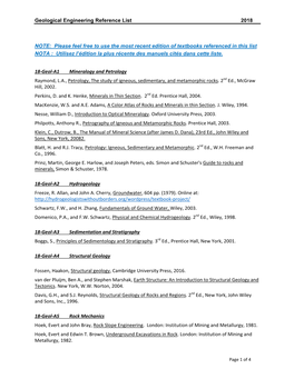 Geological Engineering Reference List 2018 NOTE: Please Feel Free to Use the Most Recent Edition of Textbooks Referenced In