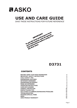 Asko Use and Care Guide Save These Instructions for Future Reference