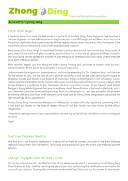 Newsletter Spring 2005 Letter from Nigel Silat Lian