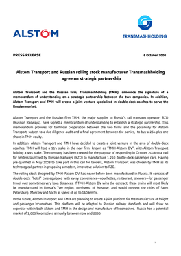 Alstom Transport and Russian Rolling Stock Manufacturer Transmashholding Agree on Strategic Partnership