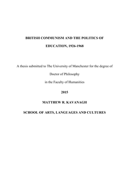 British Communism and the Politics of Education, 1926-1968