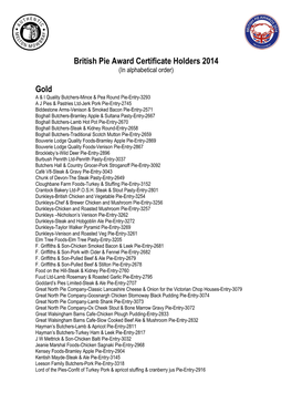 British Pie Award Certificate Holders 2014 Gold