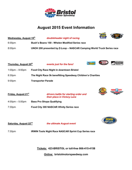 August 2015 Event Information