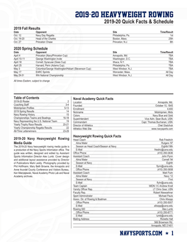 2019-20 HEAVYWEIGHT ROWING 2019-20 Quick Facts & Schedule 2019 Fall Results Date Opponent Site Time/Result Oct