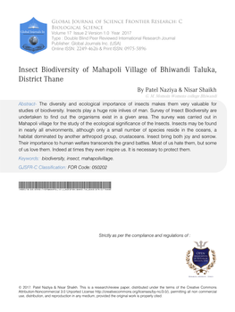 Insect Biodiversity of Mahapoli Village of Bhiwandi Taluka, District Thane by Patel Naziya & Nisar Shaikh G