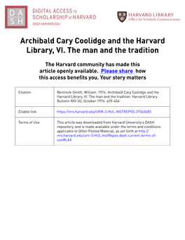 Archibald Cary Coolidge and the Harvard Library, VI. the Man and the Tradition