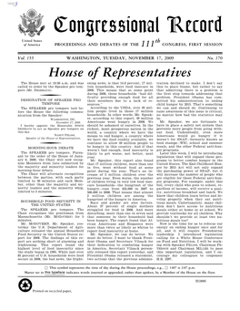 Congressional Record United States Th of America PROCEEDINGS and DEBATES of the 111 CONGRESS, FIRST SESSION