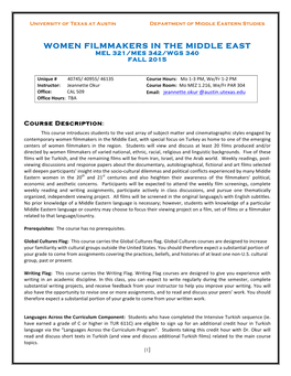 Women Filmmakers in the Middle East Mel 321/Mes 342/Wgs 340 Fall 2015