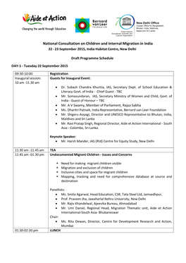 National Consultation on Children and Internal Migration in India 22 - 23 September 2015, India Habitat Centre, New Delhi