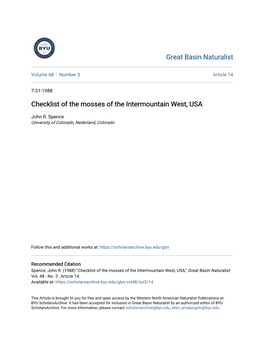 Checklist of the Mosses of the Intermountain West, USA