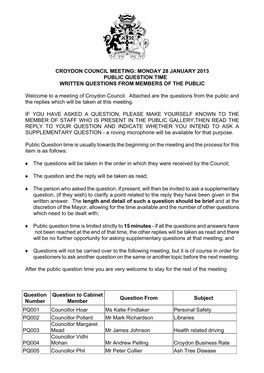 Croydon Council Meeting: Monday 28 January 2013 Public Question Time Written Questions from Members of the Public