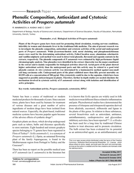 Phenolic Composition, Antioxidant and Cytotoxic Activities of Prospero Autumnale