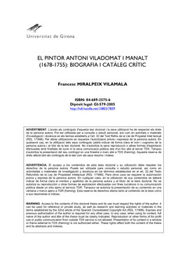 El Pintor Antoni Viladomat I Manalt (1678-1755): Biografia I Catàleg Crític