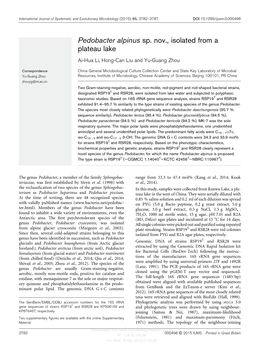 Pedobacter Alpinus Sp. Nov., Isolated from a Plateau Lake Ai-Hua Li, Hong-Can Liu and Yu-Guang Zhou