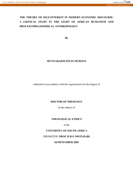 The Theory of Self-Interest in Modern Economic Discourse: a Critical Study in the Light of African Humanism and Process Philosophical Anthropology