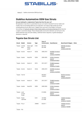 Toyota Gas Struts Parts List